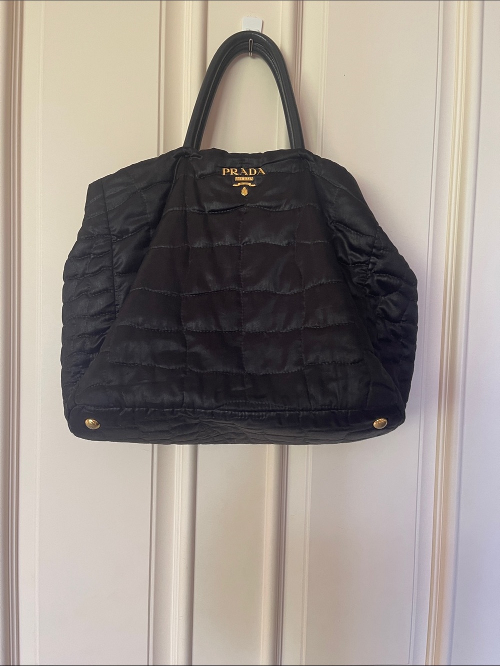 Prada Black Quilted Nylon Tote with Gold Logo